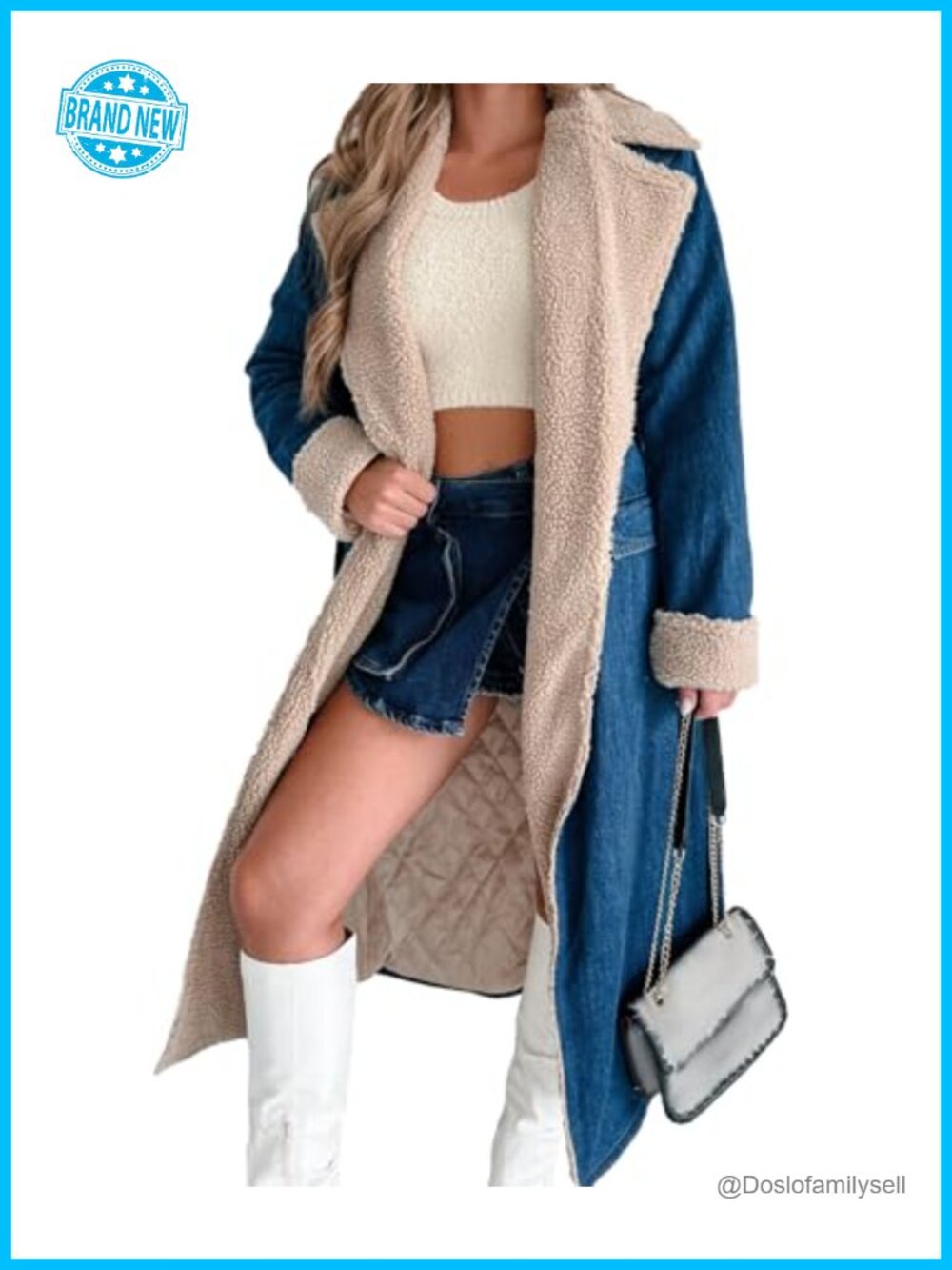 Women's Denim Trench Coat Sherpa Fleece Quilted Lined Belted Winter Jacket